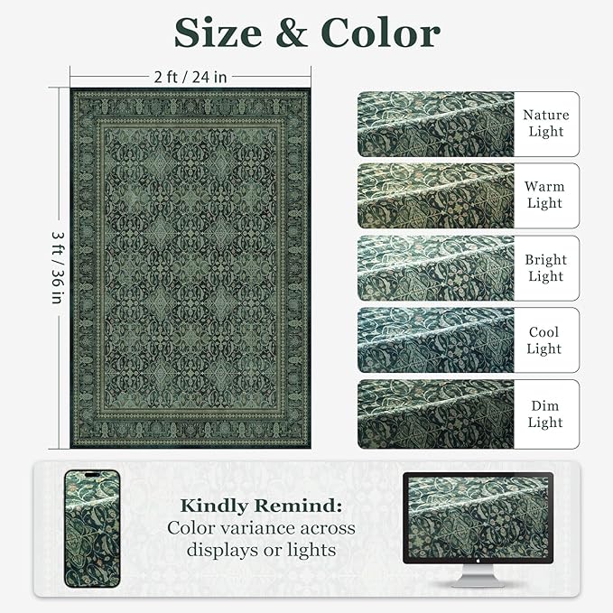 Dark Green 2x3 Small Rugs for Entryway, Washable Non Slip Door Mat Indoor Entrance, Vintage Boho Floral Moroccan Printed Entry Rugs for Inside House Kitchen Bathroom, Low Pile Ultra Thin Soft