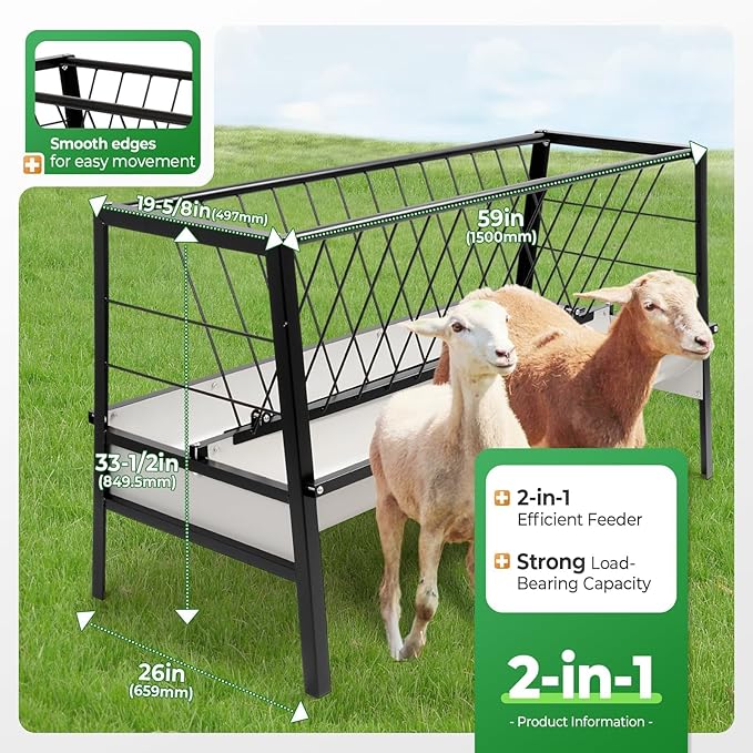 Pasture Hay Feeder 2 in 1 55 Gallon Livestock Feed Trough with 22 Gallon Feed Pan Hay Grain Livestock Feeder for Sheep, Calf, Cow and Horse
