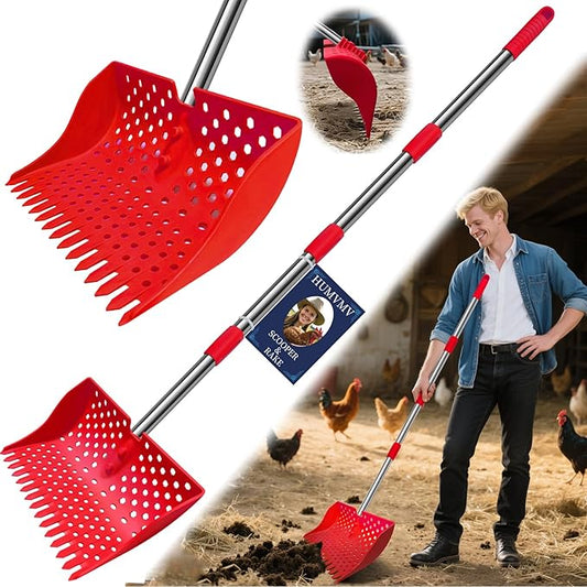 US Patent Pending 12-Inch 2-in-1 Chicken Poop Scooper & Rake,3-Shape Sifting Holes Chicken Coop Rake，Stainless Steel Handle （20–61"）– Litter Scooper & Sand Sifting Shovel for Chicken Coops （Red）