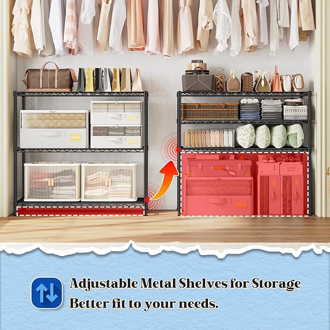 3- Shelf Metal Shelving Unit 35.6Wx14Dx36H Adjustable Storage Shelves Heavy Duty Garage Shelving Steel Wire Shelving for Laundry Bathroom Kitchen Pantry Closet Garage Black