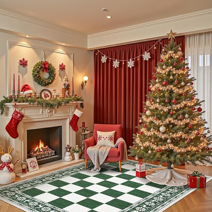 GarveeHome Green Area Rugs 9x12 Living Room, Washable Rug for Christmas Decor, Indoor Non Slip Carpet, Checkered Soft Low Pile Christmas Rug for Bedroom, Dining Room