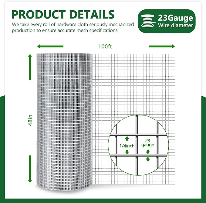 Hardware Cloth 1/4in 48inx100ft Hot Dip Galvanized 23 Gauge Chicken Wire Fencing Roll Poultry Animal Netting Cage Screen Chicken Coop Accessories Garden Plant Supports