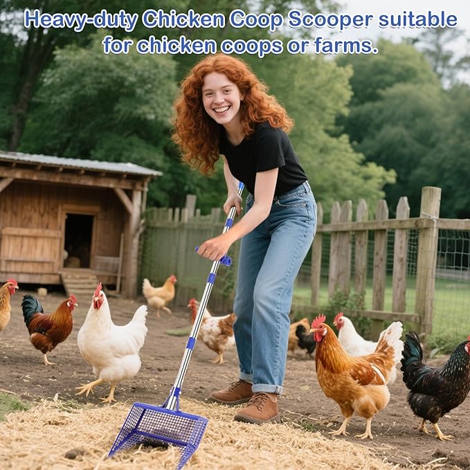 Chiken Coop Scoop 2-in-1 Chicken Poop Scooper & Rake Sand Sifting Litter Shovel for Chicken Coops Animal Farms Pet Waster Cleaning Tools Multifunctional Litter Sifting Shovel (35 to 65")
