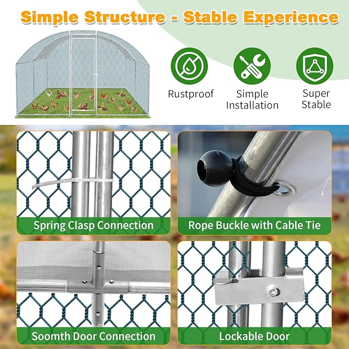 VINGLI Chicken Coop, Large Metal Poultry Cage for Chicken Run, Walk-in Chicken Pen with Waterproof & Anti-UV Cover Outdoor (Silver-Dome Roof, 13.1 * 9.8 * 6.5 ft)