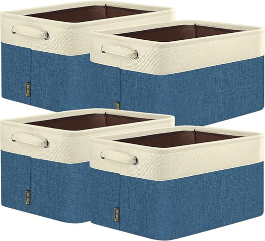 BALEINE 4 Pack Fabric Storage Bins for Shelves, Linen Storage Baskets for Organizing, Decorative Closet Bins for Clothes, Home (Navy Blue, 14''x10''x8.5'')