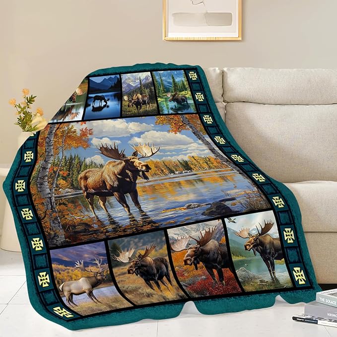 Moose Blanket, Rustic Cabin Throw Blanket, Forest Deer Gifts Blankets Wildlife Stuff Fleece Flannel Plush for Girls Women Men Boys Lovers Adults Soft Bedding for Sofa Bed Office Home Decor 60"x50"