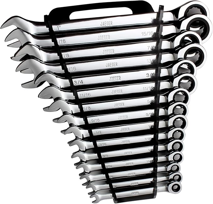 Jaeger 15pc 90-Tooth Ratcheting Wrenches MASTER SET - Our LARGEST SAE With Wrench Rack Organizer - Our standard in safety for combination wrench sets from gear to tip