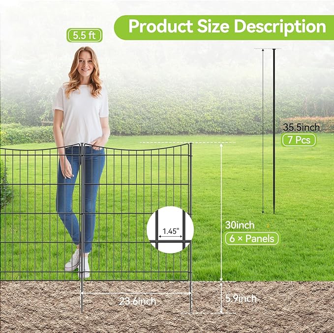INJOPEXI Decorative Garden Fence 6 Panels 11.8ft(L)×30in(H) Garden Fences Outdoor with 6 Panels Rustproof Metal Wire No Dig Temporary Animal Barrier Fencing for Backyard Patio - Without Fence Gate