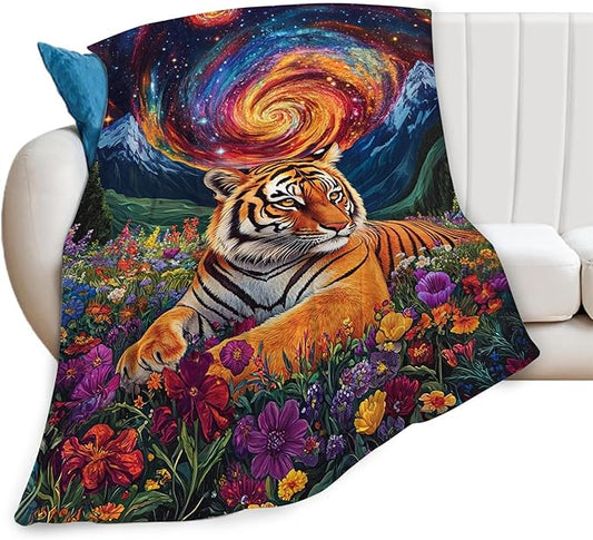 Tiger Blanket Starry Night Floral Animal Throw Blankets Gifts for Girls Boys Kids Tiger Lover Soft Cozy Fleece Plush for Couch Sofa Bed 60"x50"