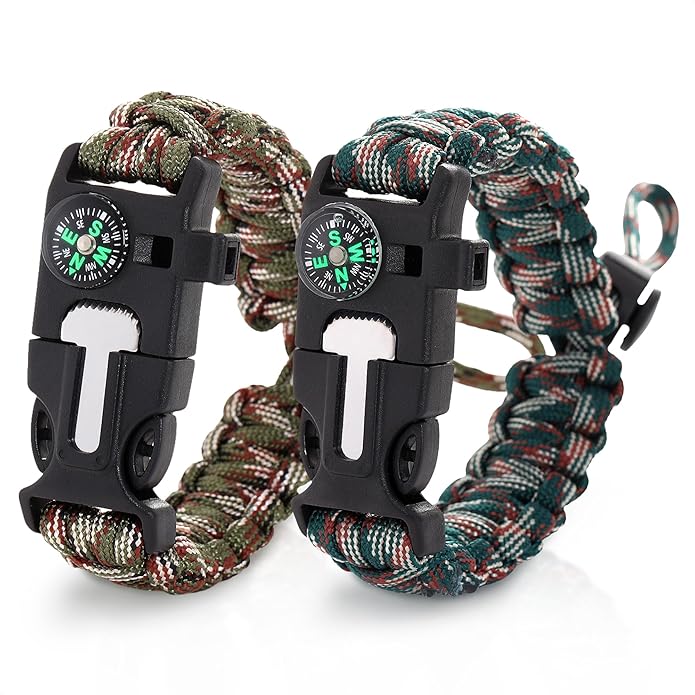 2Pack Survival Paracord Bracelet – 5-in-1 Adjustable Tactical Bracelet for Men with 10 ft Paracord, Flint Fire Starter, Compass, Whistle & Scraper – Survival Gear for Camping, Hiking, Fishing & Travel