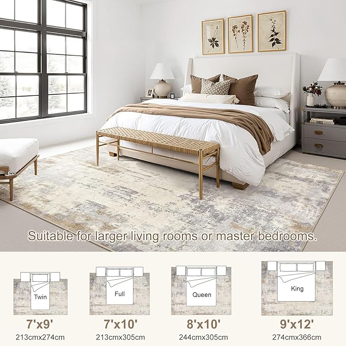 8x10 Area Rug Living Room Rugs - Washable Neutral Modern Abstract Soft Thin Rug Indoor Floor No Slip Rug Carpet for Bedroom Under Dining Table Home Office Decor - Light Brown/Gray
