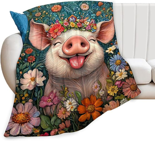 Pig Blanket Gifts for Girls Boys Soft Warm Plush Cute Pig Flower Throw Blanket Flannel Fleece Fuzzy Animal Blankets for Women Man Kids Lover Bed Couch Living Room Decor 50"X40"