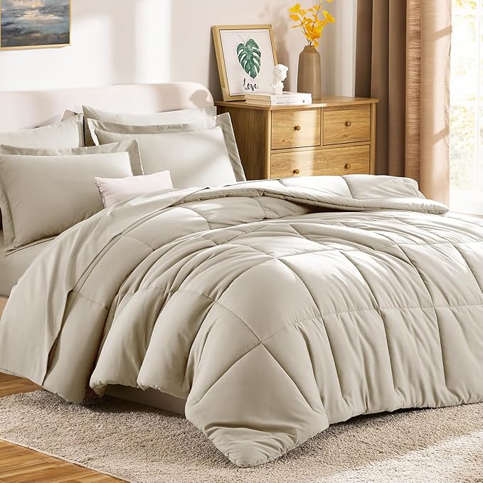 CozyLux Full Size Comforter Sets Oatmeal - 7 Pieces Bed in a Bag Full, Oeko-Tex Certified Bed Set, All Season Soft Bedding Set with Down Alternative Comforter, Sheets, Pillowcases & Pillow Shams