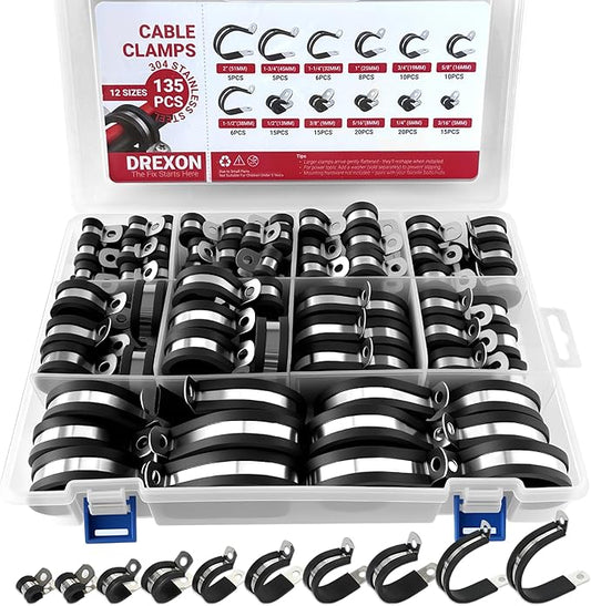 135PCS Cable Clamps Assortments Kit, 12 Sizes from small hose clamps 1/4", 3/8" to 5/8" & 1-3/4" large Stainless Steel Rubber Coated Insulated Cable Clamps for Metal Wire, Cable, Pipe, Hose,Fuel line