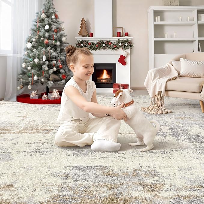 Area Rug Living Room Rugs - Washable Neutral Modern Abstract Soft Thin Large Rug Indoor Floor No Slip Rug Carpet for Bedroom Under Dining Table Home Office Decor-Light Brown/Gray-7'x 9'