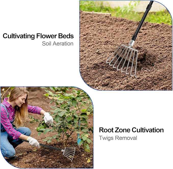 Rake for Leaves Small, Metal Leaf Rakes for Gardening Thatching Weeding Tilling Soil Planting, Hand rake Garden Tool for Cleaning Debris, Weed, Grass in Lawn, Yard, Flower Beds, Landscape