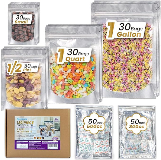 120pcs Mylar Bags for Food Storage with Oxygen Absorbers 300cc 500cc (50 Packs Each), Resealable Pouches 4 Sizes Mix Bundle 30 Each (10x14, 7x10, 5x7, 4x6 Inches), Stand Up with Clear Window