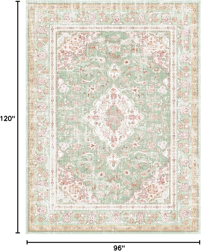 Vhong Washable Area Rugs Boho Vintage Modern Neutral Large Carpet Green and Pink High Traffic Rugs 8×10 for Dinning Room Living Room Bedroom Farmhouse Non Slip