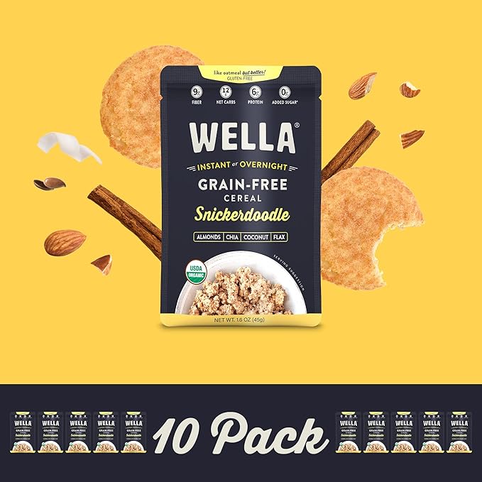 Wella Cereal Oatmeal Alternative, Gluten-Free Breakfast Hot Cereal, Grain-Free Paleo Organic Vegan High Protein Superfood, Plant-Based Non-GMO, Low in Net Carbs, Single-Serve Packets, Snickerdoodle Flavor (10 Count, 1.6 oz. Packets)