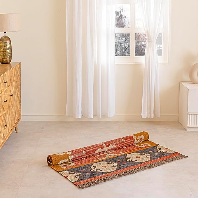 Jute Traditional Kilim Rug Boho Flatweave Area Rug for Living Room, Living Room Entryway, Tribal Series 8'x10'