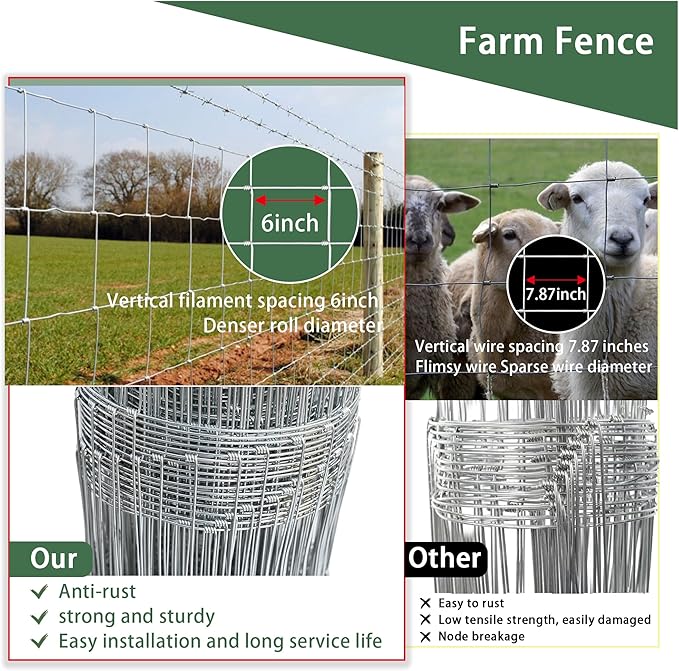 Livestock Fence, 4ft x 164ft Galvanized Cattle Fence, Heavy Zinc Coating Wire Fencing,Farm Fence for Hog Goat Deer Horse