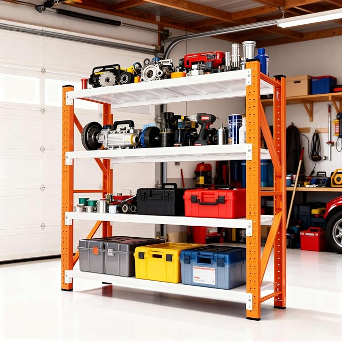 4-Tier Storage Shelves,79" H Heavy-Duty Garage Shelving Unit,Adjustable Metal Industrial Shelf System,3,000lbs Capacity,Tool Organizer for Garage,Workshop,42" W x 20" D x 79" H,Orange&White
