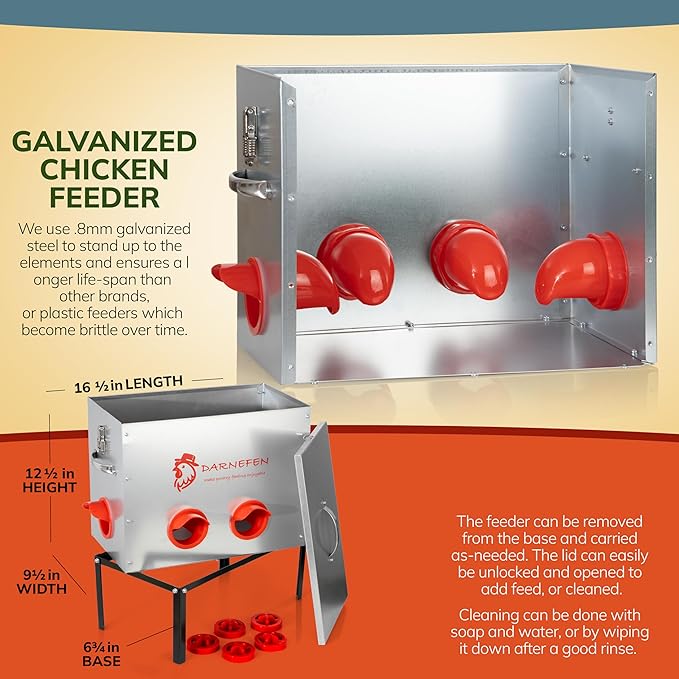 Automatic Chicken Feeder Rat Proof - 40lb 6 Ports Large Capacity Metal Poultry Feeder with Legs and Lids - Galvanized Chicken Feeder for Hen Coop