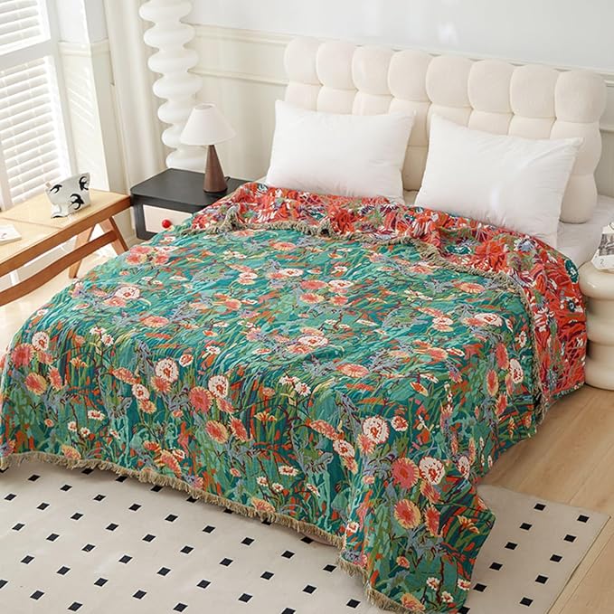 Boho Throw Blanket for Bed 100% Cotton Ultra Soft Rustic Quilt Fall Blanket Bird Floral Printed Farmhouse Decor Bed Blankets,60"×80" All Season Rustic Throw for Sofa Couch Chair