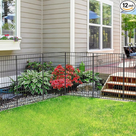 INJOPEXI Decorative Fence 12 Panels 23.6ft (L)30in (H), Metal Fence 11 Panels + 1 Gate Rustproof Wire No Dig Temporary Animal Barrier Fencing for Yard Outdoor Patio