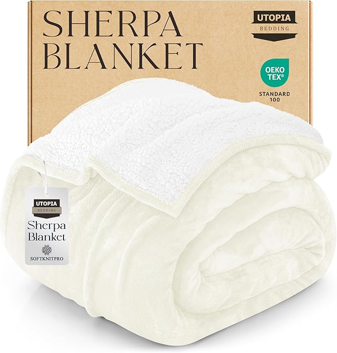 Utopia Bedding Sherpa Blanket Queen Size (Ivory, 90x90 Inches) - Soft Lightweight Plush Fleece Reversible Blanket for Bed, Sofa, Couch, Camping and Travel