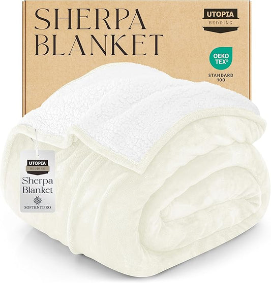 Utopia Bedding Sherpa Blanket Queen Size (Ivory, 90x90 Inches) - Soft Lightweight Plush Fleece Reversible Blanket for Bed, Sofa, Couch, Camping and Travel