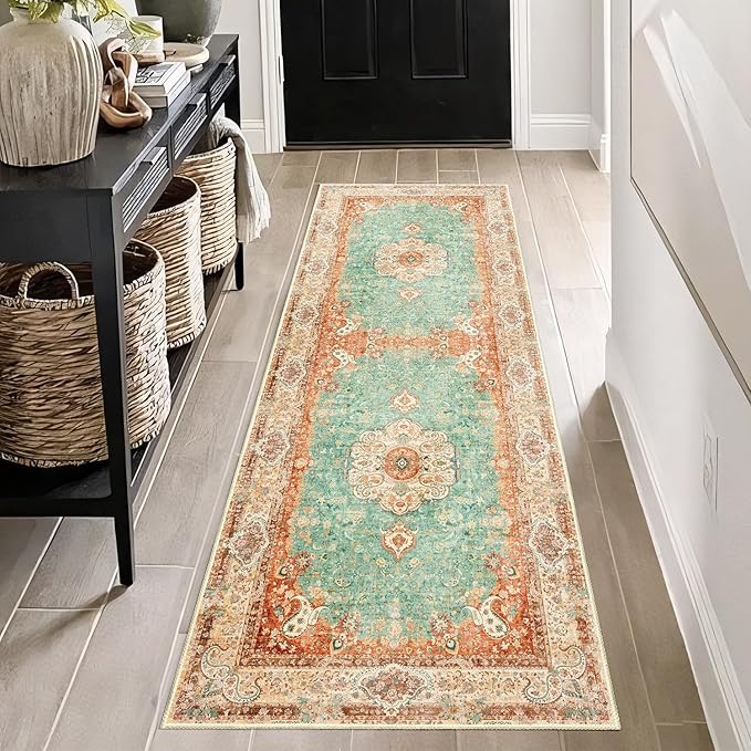 Washable Runner Rug 2x6,Boho Rug Runners Non Slip,Long Rugs for Hallways Kitchen Bedroom Entryway Bathroom,Vintage Bohemian Distressed Farmhouse Floor Carpet,Retro Orange Green Floral