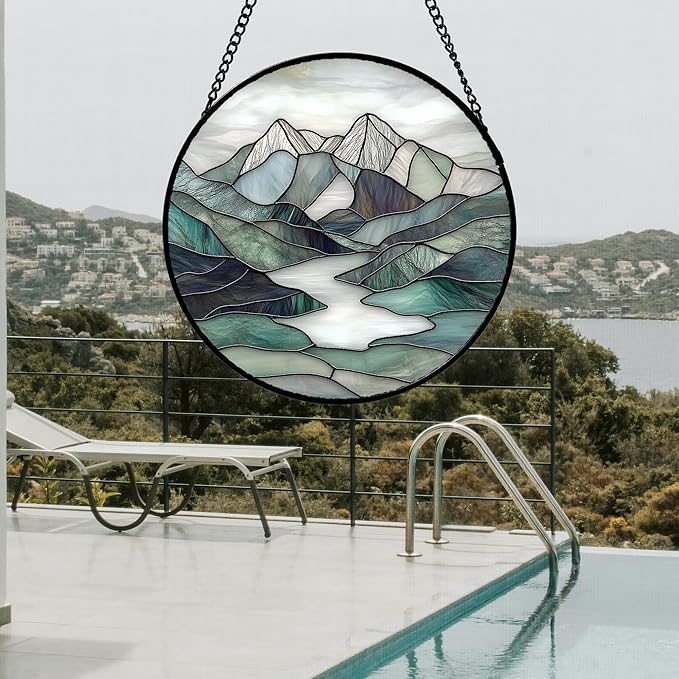 Stained Glass Window Hanging 4 Pcs Set Mountain River Landscape 6.3" - Suncatcher Door Garden Sun Catcher Decor Birthday Mother's Day for Mom Woman Nana Girl Boy Friend