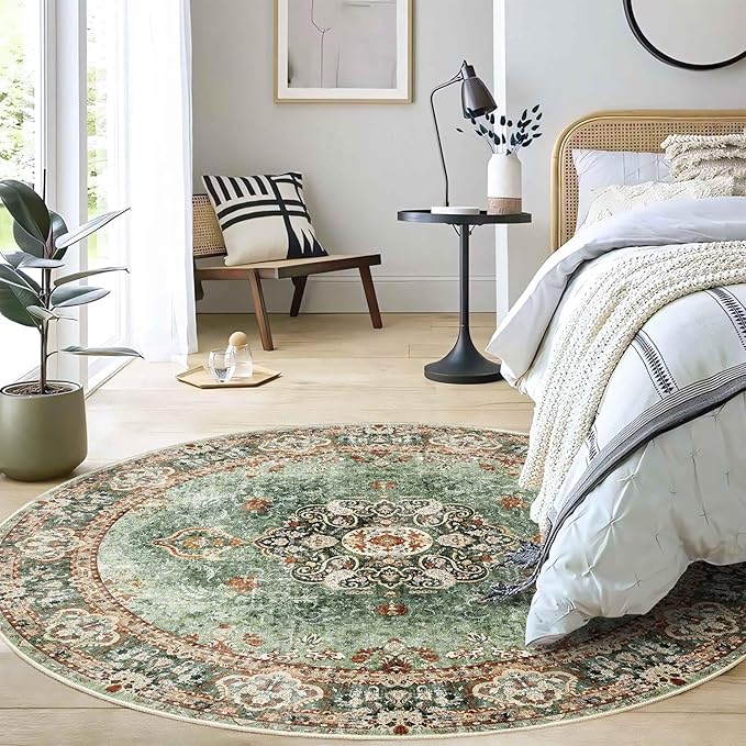 Green Round Rug 5ft, Circle Boho Area Rugs for Bedroom Living Room,Washable Vintage Bohemian Distressed Oriental Floral Carpet Non Slip,Sage