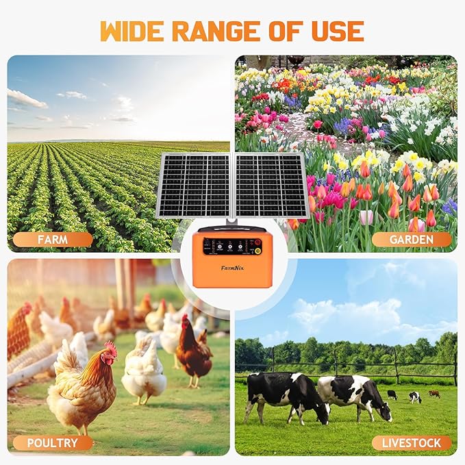 30 Miles Solar Electric Fence Charger with 15W Solar Panel,4 Gears Adjustable Output Power:0.3J,0.8J,1.1J,1.5J,24-Hour Protect Electric Fence for Livestock,Sheep,Horses,Cattle