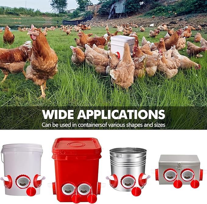 Chicken Feeder Port Kit –4 Pack Automatic Poultry Feeder Cups for Buckets & Bins, No Waste Rainproof DIY Chicken Feeders for Hens, Ducks & Other Poultry