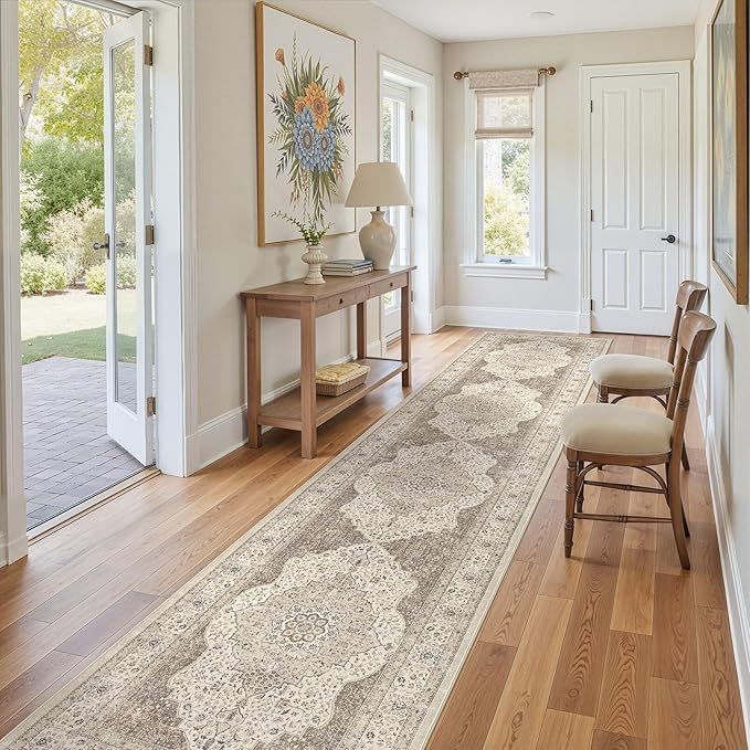 Washable 3x14 Hallway Runner Rug - Vintage Floral Stain & Fade Resistant Non-Slip Backing Ultra-Thin Long Carpet for Entryway, Bedroom, Kitchen, Corridor Decor (Brown/Beige)