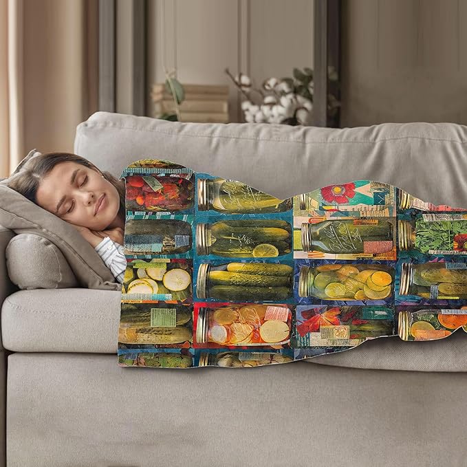 Vintage Pickle Jar Pattern Throw Blanket 50"x60", Rustic Decor Blankets for Living Room, Cozy Flannel Polyester Pickle Gifts for Pickle Lovers Women