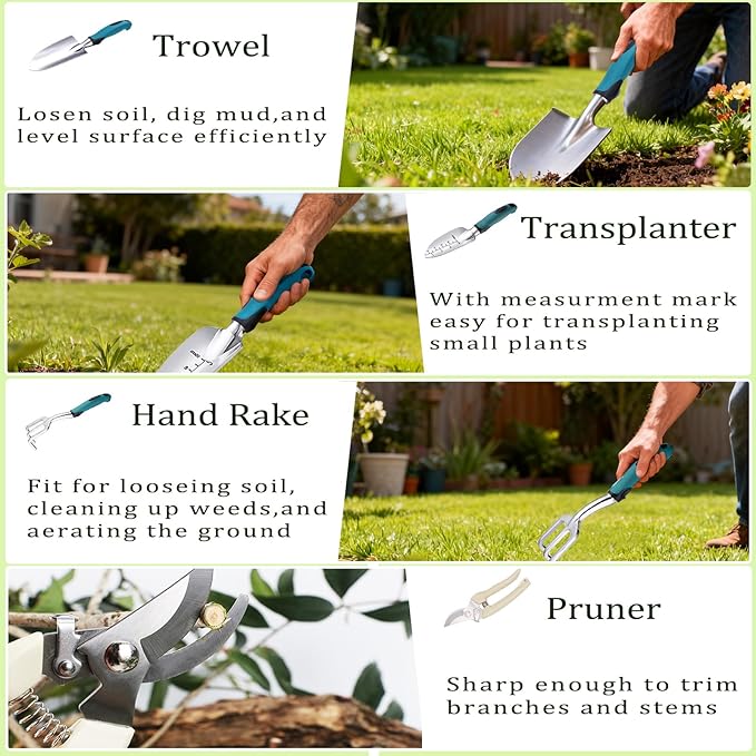 8-Piece Heavy-Duty Gardening Tools Set with Tote Bag - Rust-Proof Aluminum Gardening Hand Tools with Ergonomic Non-Slip Rubber Grips - Gardening Supplies Set Ideal Gift for Men & Women