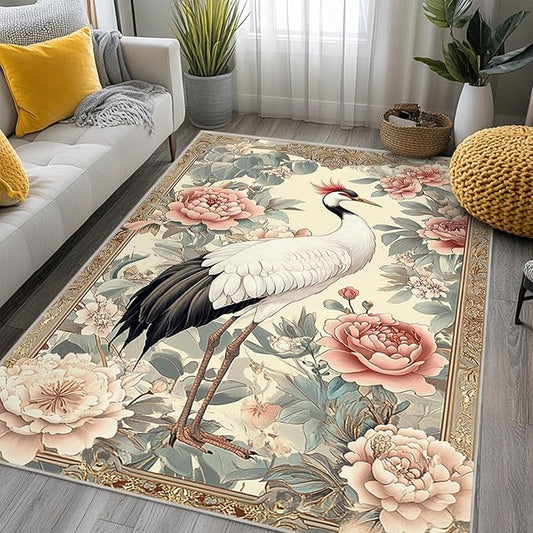 5x7 Crane Area Rugs Boho Japanese Crane Floral Rug for Living Room Indoor Soft Non-Slip Thin Large Carpet Beige Rugs for Bedroom Home Decor Under Table Washable Machine
