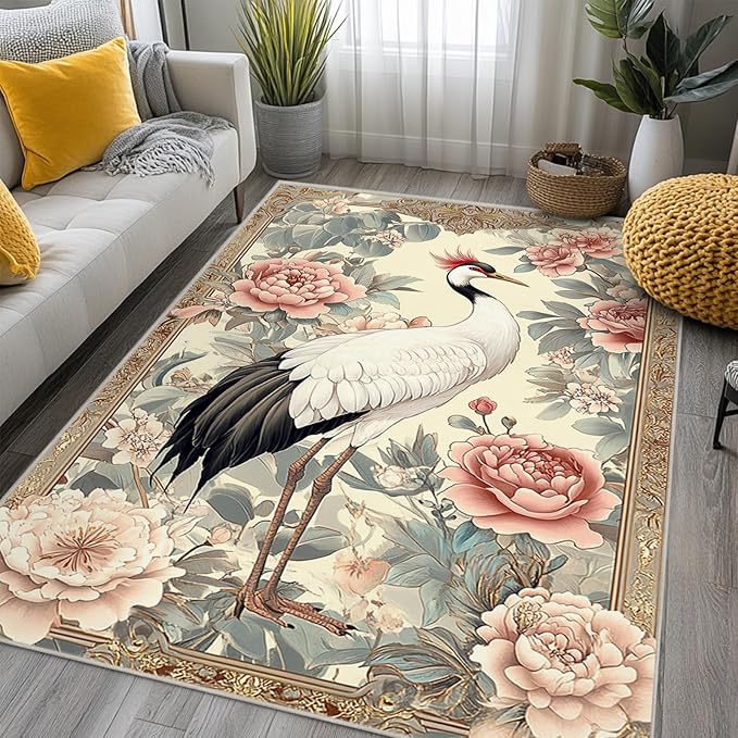 4x6 Crane Area Rugs Boho Japanese Crane Floral Rug for Living Room Indoor Soft Non-Slip Thin Large Carpet Beige Rugs for Bedroom Home Decor Under Table Washable Machine