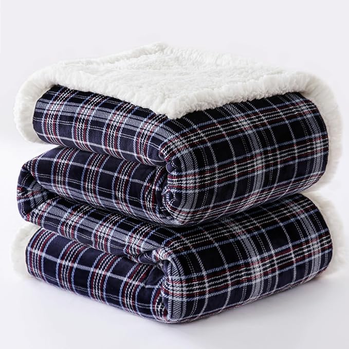 PU MEI Sherpa Fleece Throw Blanket 80" x 90" Reversible Plush Fluffy Large Big Blanket Lattice Flannel Blankets for All Season Use, Navy Blue Check
