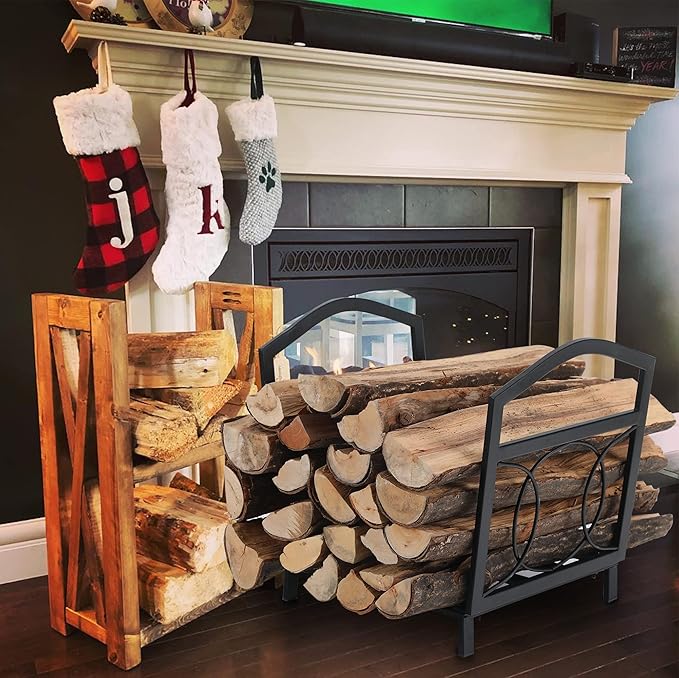 GREEN PARTY 17 Inch Small Firewood Rack Indoor/Outdoor Metal Firewood Holder, Decorative Fire Log Holder for Fireplace,Fire Pit,Heavy Duty Wood Rack,Wood Stove Accessories, 17" L X 13" W X 16" H