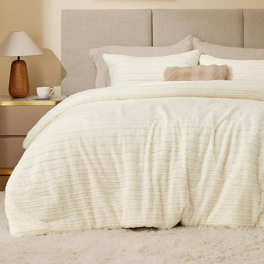 BEDELITE Fleece Twin Comforter Set -Super Soft & Warm Fluffy Cream White Faux Fur Bedding, Luxury Fuzzy Heavy Bed Set for Winter with 1 Pillow case