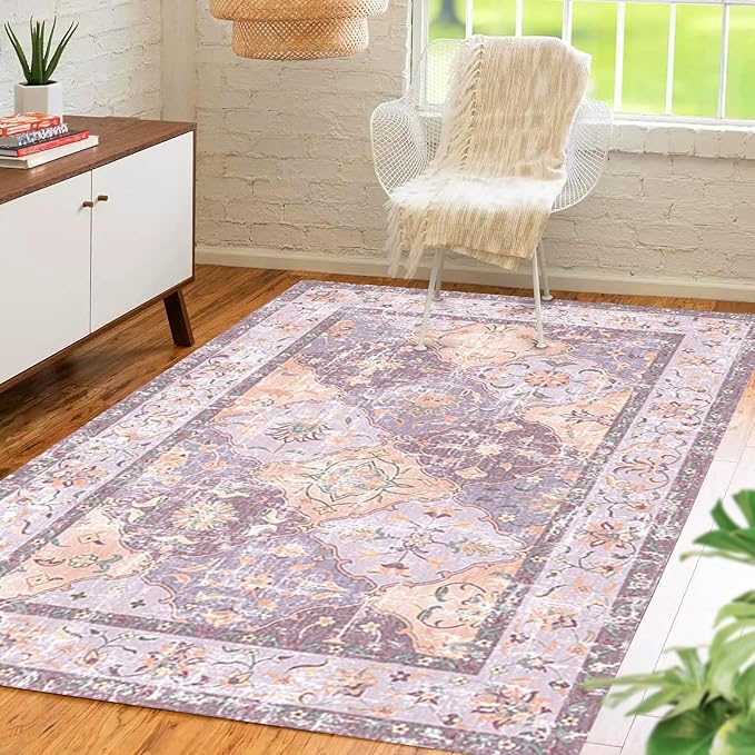 Boho Vintage Area Rugs 3×5 Washable Non-Slip Traditional Mauve Purple Carpet for Nursery Living Room Bedroom Dining Room Girls' Room