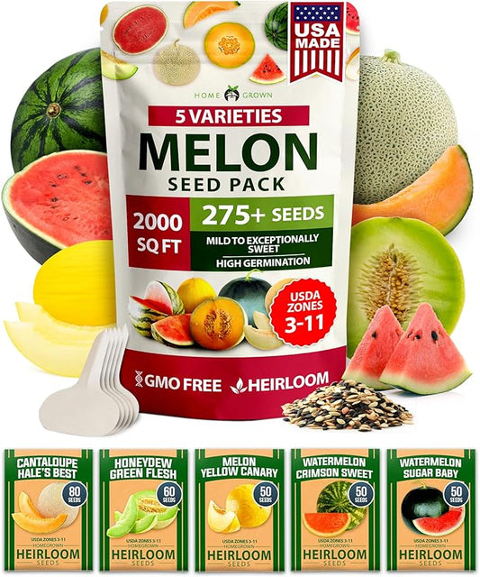 HOME GROWN Melon Seeds Variety Pack 5 Heirloom Vegetable Seeds, Watermelon Cantaloupe Honeydew Sugar Baby & Melon, High Germination for Planting Home Garden Indoors