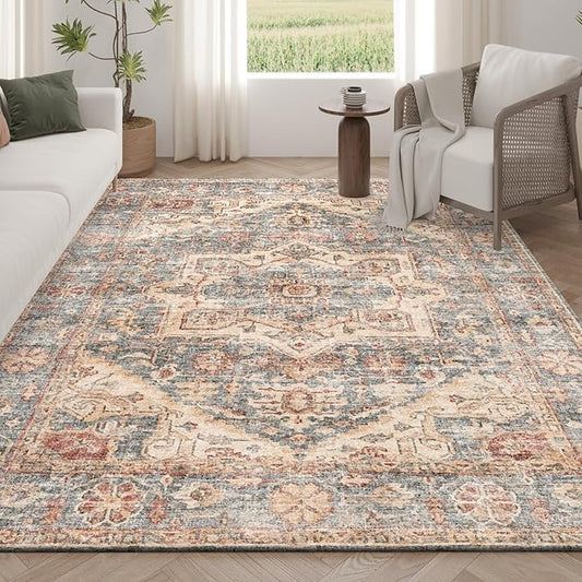 Area Rug 5x7 Living Room,Machine Washable Rugs,Stain Resistant Soft Thin Non-Slip Floral Carpet,Neutral Boho Vintage Home Decor,for Indoor Bedroom,Office,Farmhouse,Dining