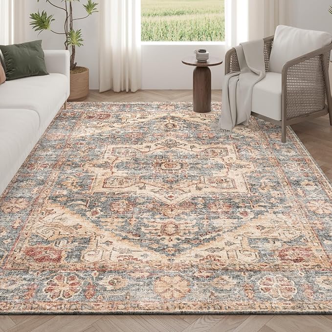 Area Rug 6x9 Large Living Room,Machine Washable Rugs,Stain Resistant Soft Thin Non-Slip Carpet,Neutral Boho Vintage Home Decor,for Indoor Bedroom,Office,Farmhouse,Dining