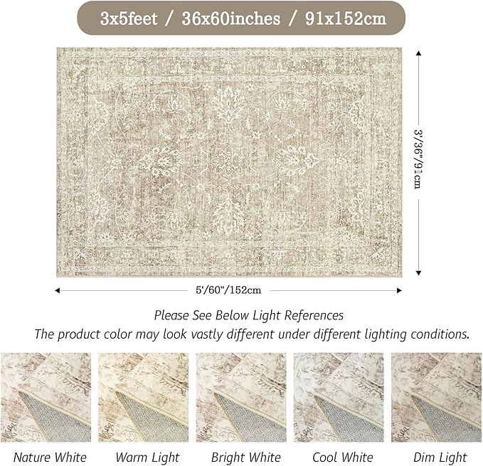 Madane 3x5 Area Rugs for Entryway,Washable Vintage Low Pile Non-Slip Throw Area Rugs, Accent Rug Floral Print Indoor Mat for Bedside Living Room Kitchen Bedroom, Brown/Sand