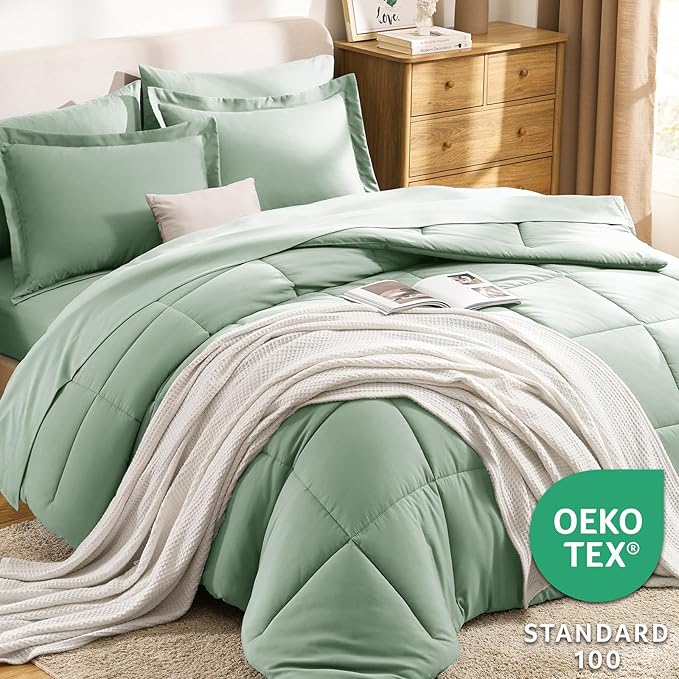 CozyLux Full Size Comforter Sets Sage Green - 7 Pieces Bed in a Bag Full, Oeko-Tex Certified Bed Set, All Season Soft Bedding Set with Down Alternative Comforter, Sheets, Pillowcases & Pillow Shams